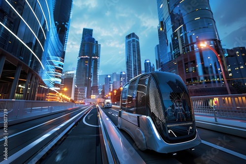 A driverless cargo transport vehicle navigating through a bustling futuristic cityscape filled with automated infrastructure and sustainable architecture.