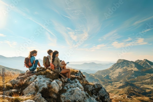 A mother and her teenage children hiking together in the mountains, surrounded by breathtaking vistas and clear blue skies. Mother's Day.