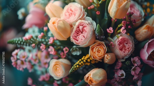  A tight shot of a flower bouquet, displaying pink and yellow blooms at its core, encircled by green stems