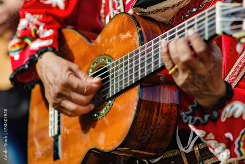 The passion and skill of a mariachi musician as they strum a guitar, bringing to life the lively melodies of Cinco de Mayo celebrations. photo