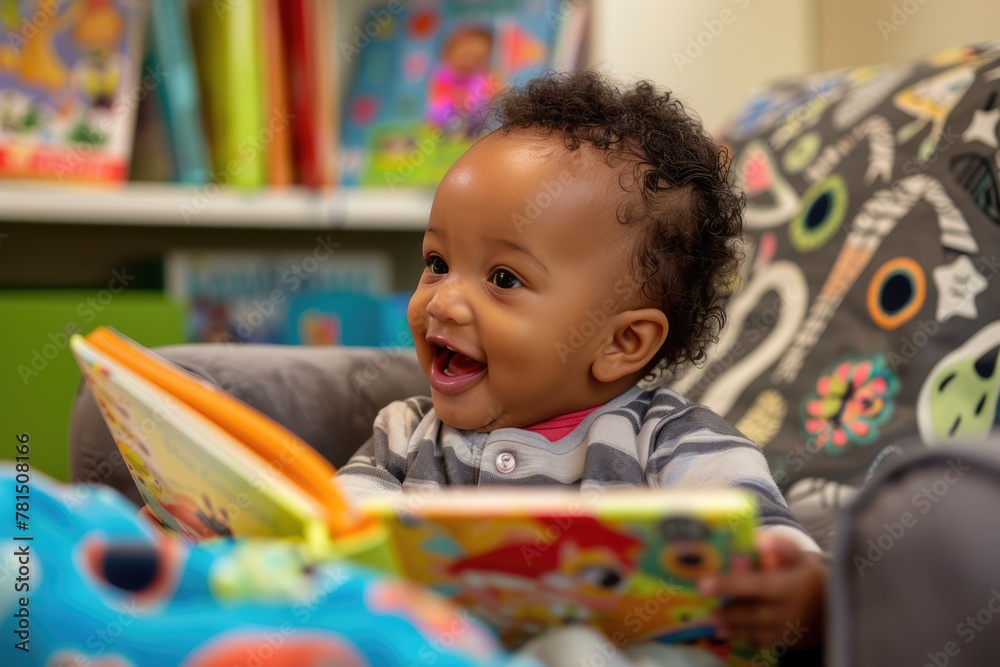 Fototapeta premium An African American infant delights in interactive storytime with a caregiver, fostering language development and early literacy skills. The cozy reading nook provides a nurturing environment.