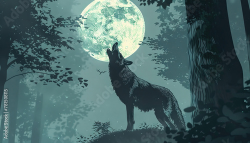 A lone wolf howls in the moonlight, its haunting cry echoing through the silent forest