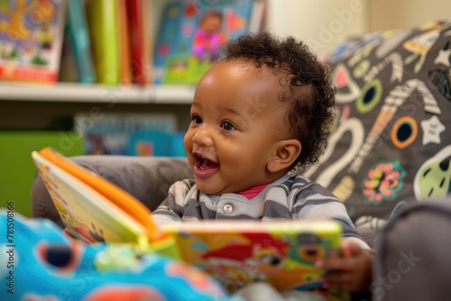 An African American infant delights in interactive storytime with a caregiver, fostering language development and early literacy skills. The cozy reading nook provides a nurturing environment.