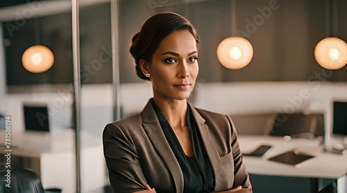 A focused businesswoman, clad in a tailored suit, stands composedly, awaiting the arrival of her client photo