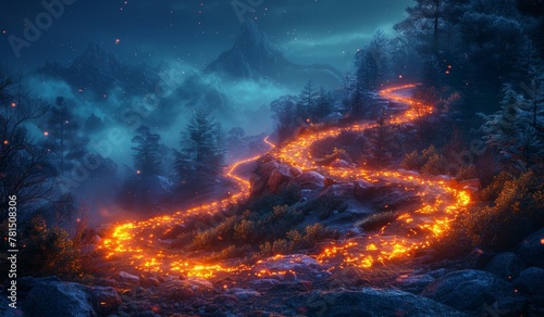 An ethereal mountain vista at twilight  where a snaking path lit by fiery incandescent lights glimmers