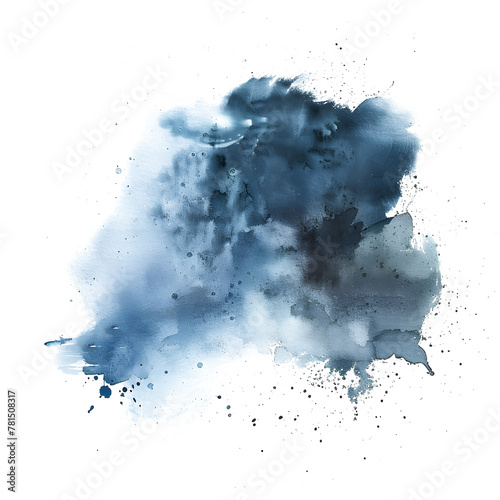 Blue and grey wispy watercolor paint stain on transparent background.