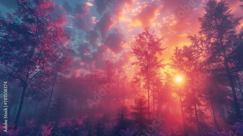 sunset on the forest with vaporwave tone color, suitable for wallpaper, poster. Generative AI © wellyans
