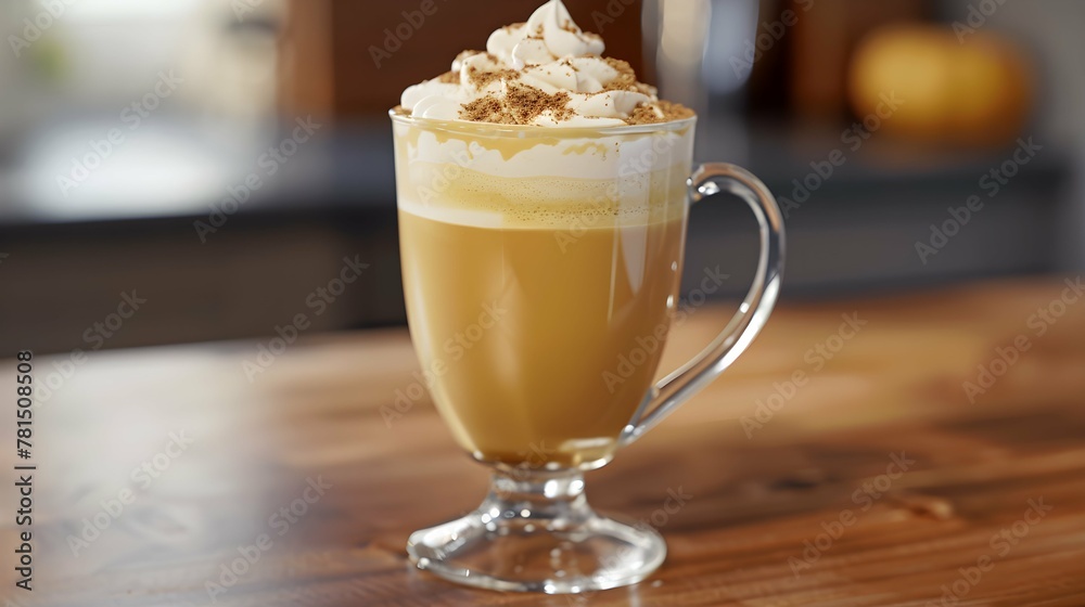 Pumpkin spice latte in a glass mug