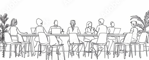 One line drawing of business team working together, simple linear style with outline black lines on white background concept banner for company and employees group work meeting in office Generative AI