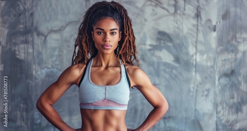 Black Woman With Well-Defined Body Wearing Gym Clothes, Woman With Muscular Abdomen, Gray Background With Copy Space