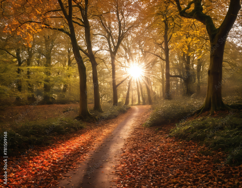 Fototapeta premium Enchanted Autumn Forest Path at Sunrise