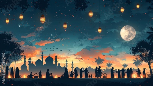 Enchanting Oriental Sunset Festival with Lanterns and Silhouettes