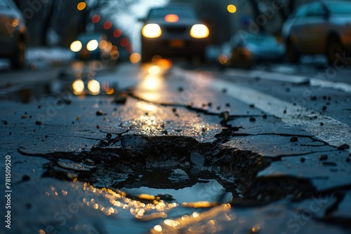 a pothole mars the surface of an urban road, illuminated by the warm light of sunset as cars pass by 