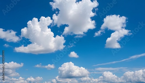 Vast blue sky filled with white clouds, ranging from large cumulus clouds to smaller puffs, bright sky