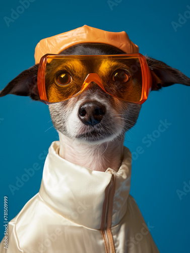 dog wearing sunglasses with orange