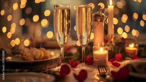 Romantic candlelight dinner luxury table setup for couple with beautiful light as background. Glasses of champagne and beautiful food presentation on table.. Concept for valentine's day and date. photo