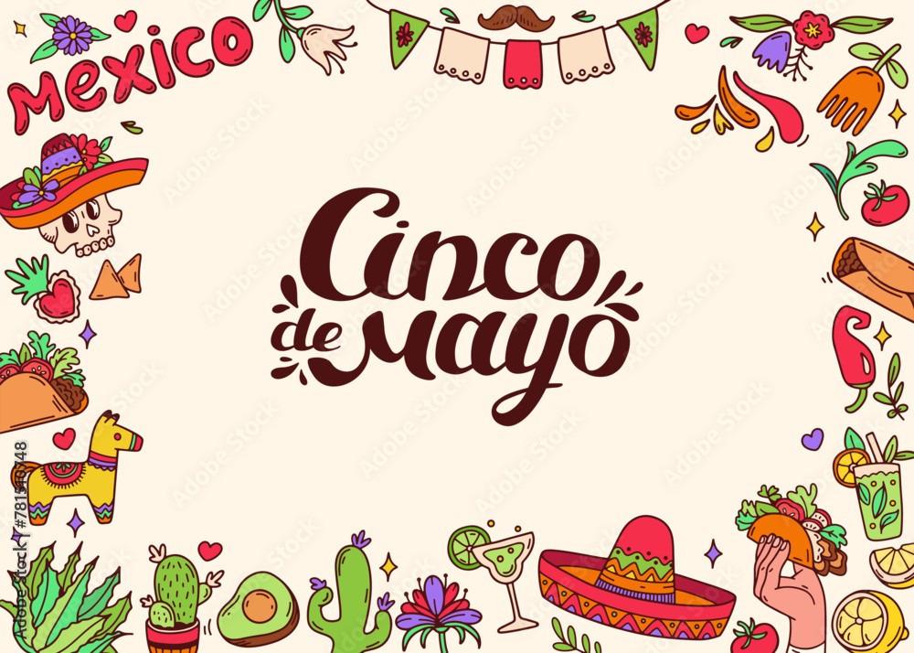 Cinco de mayo celebration background. Horizontal frame with Mexican culture elements. Mexican food, festive icons. Taco avocado chili, tequila, sombrero, scull, maracas. Vector doodle illustration.