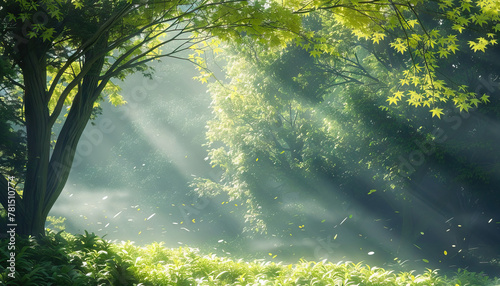 The peacefulness of a forest bathed in sunlight, with leaves rustling in the gentle breeze, offers a retreat for mindfulness and connection with nature photo