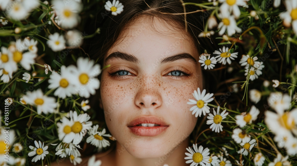 A womans face is framed by white daisies, her eyes are calm against the backdrop of vibrant flowers A womans face is framed by white daisies, her eyes are calm against the backdrop of vibrant flowers