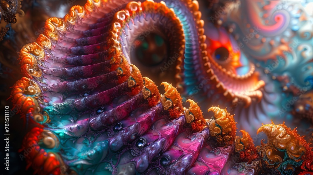 Obraz premium Colorful Fractal Art with Rotating Staircase, Infinite Split Replication, and Kaleidoscope Mirror Effect. Symmetrical Chaos and Spatial Relationship.