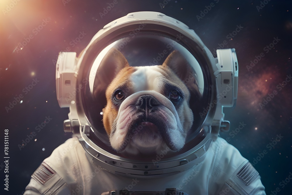 dog astronaut in a spacesuit with a helmet in outer space against the background of the galaxy. Animal astronaut is on a mission and explores new planets. - obrazy, fototapety, plakaty 