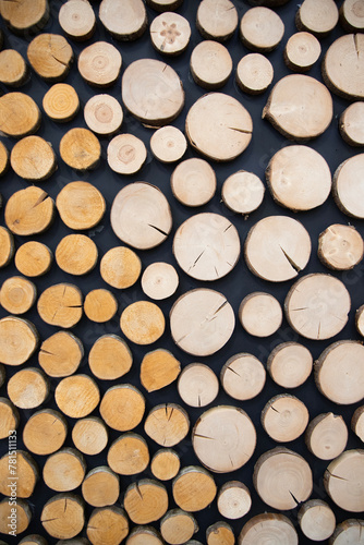 Background texture   of a cross section of cut ends of round wooden logs . Soft focus