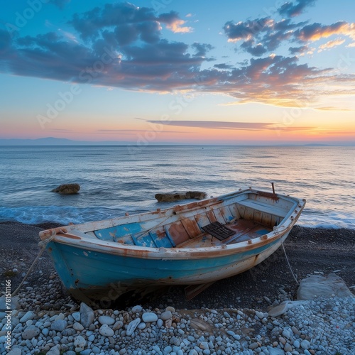 fishing boat standing on the shore of the blue sea at sunset --style raw Job ID  2cf7f29f-4ec7-4cfd-9c0a-07c1a600abba