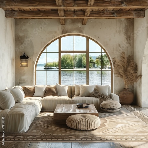 living room in Mediterranean style with a window over the entire wall and a view of the water