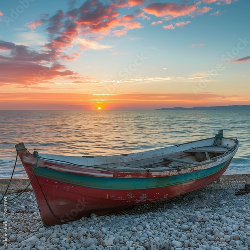 fishing boat standing on the shore of the blue sea at sunset 