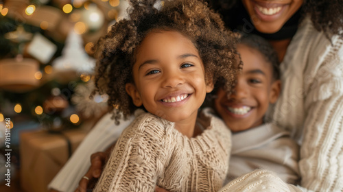 A woman and two children are joyfully smiling while standing in front of a beautifully decorated Christmas tree photo