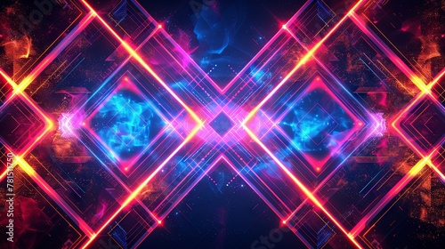 Digital artwork featuring an abstract neon light tunnel with a symmetrical geometric design. © soysuwan123