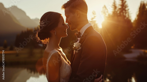 A bride and groom standing together in front of a serene lake, holding hands and smiling on their wedding day photo