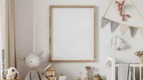 Stylish scandinavian newborn baby room with brown wooden mock up poster frame, toys, plush animal and child accessories. Cozy decoration and hanging cotton flags on the white wall. Template