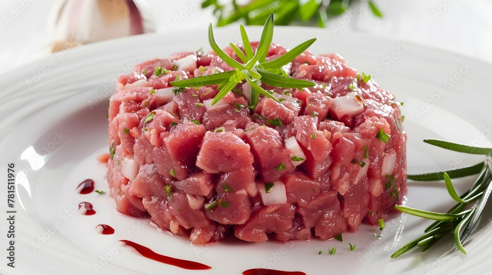Tasty Steak tartare Raw beef - classic steak tartare on white plate Awesome background Tasty Steak tartare Raw beef - classic steak tartare on white plate Awesome background