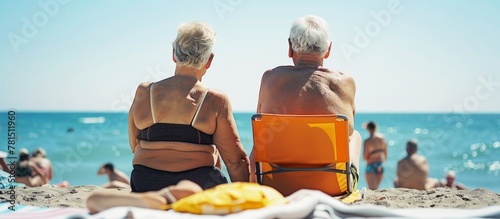 retired senior couple on summer vacation sunbathing on the beach photo