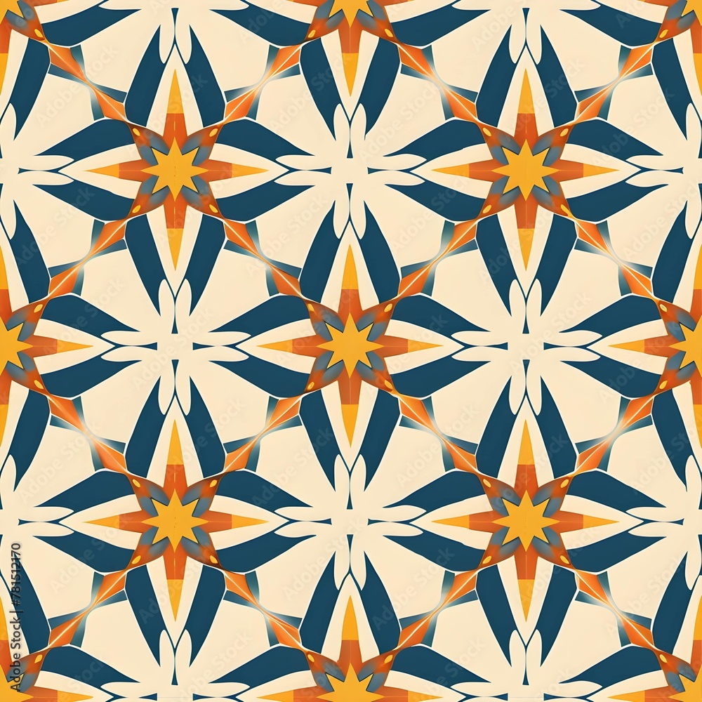 blue and yellow and orange star pattern, in the style of minimalist textiles, neo-classicist symmetry, blue and yellow and orange star pattern, in the style of minimalist textiles, neo-classicist symmetry,