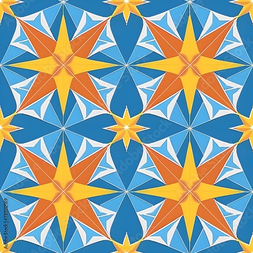 blue and yellow and orange star pattern, in the style of minimalist textiles, neo-classicist symmetry, 