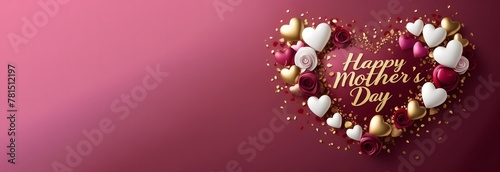Red, pink and white hearts with golden confetti abstract maroon background with text happy Mother's Day and copy space for text