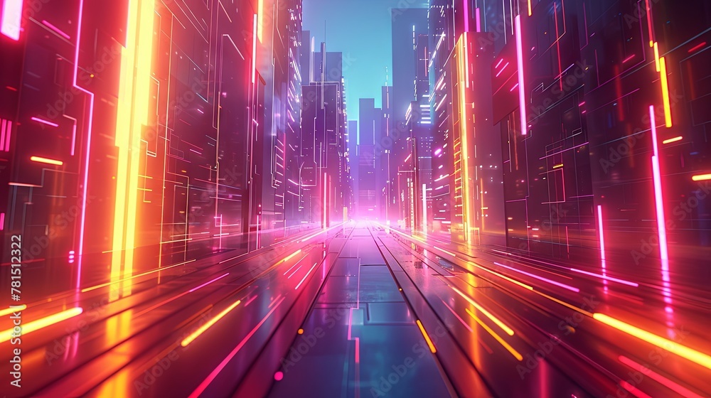 Abstract image of a cyberpunk-inspired tunnel with neon lights and futuristic architecture.