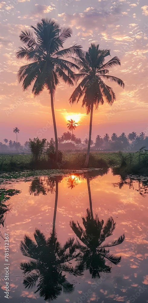 Silhouette of palm trees against a serene sunset sky, reflected on a calm water surface.
