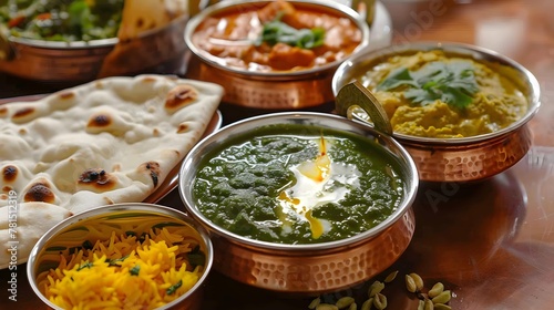 Traditional Indian dishes Chicken tikka masala, palak paneer, saffron rice, lentil soup, pita bread and spices. 