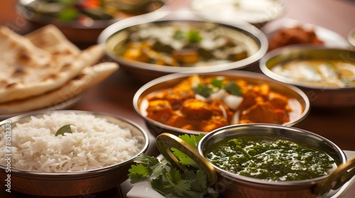 Traditional Indian dishes Chicken tikka masala, palak paneer, saffron rice, lentil soup, pita bread and spices.  photo