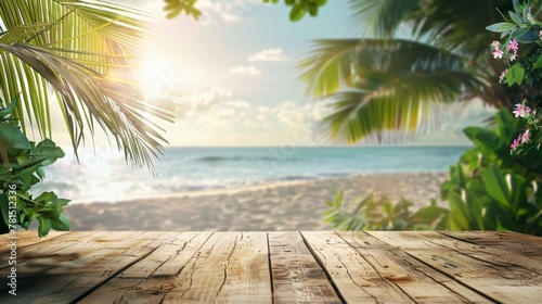 Enjoy a beachfront scene with wooden table, ocean view, and palm trees