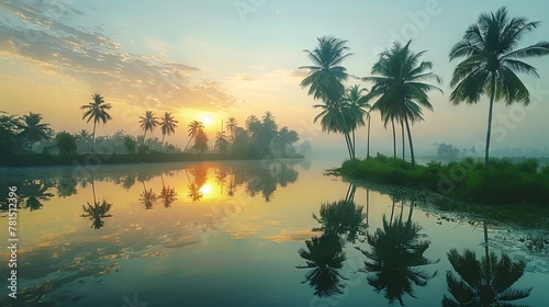 Silhouette of palm trees against a serene sunset sky  reflected on a calm water surface.