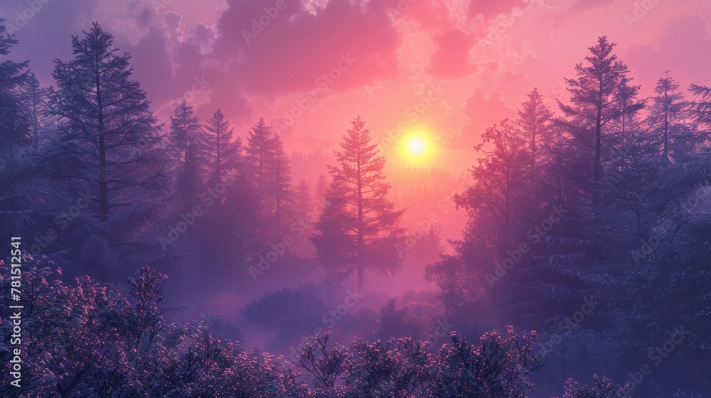 Fototapeta premium sunset on the forest with vaporwave tone color, suitable for wallpaper, poster. Generative AI