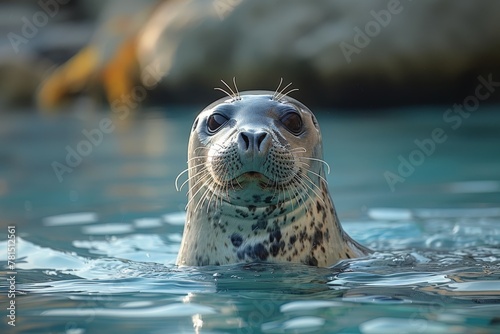 A seal appears calm and peaceful as it swims in the glistening turquoise waters, invoking a sense of serenity