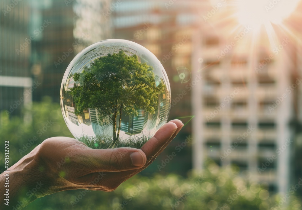 A hand holding a glass sphere with a tree inside. Generate AI image