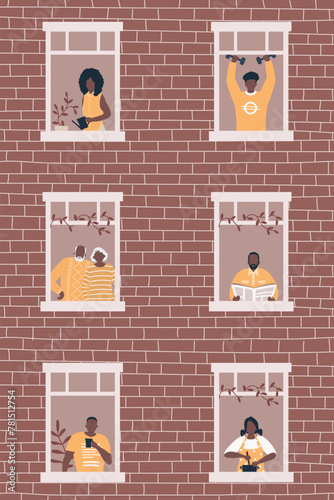 People at the window in brown house. Black  people. Neighbors. Stay at home concept. Vector illustration
