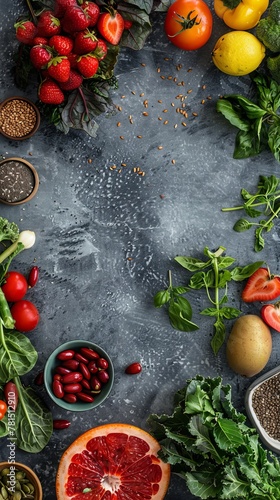 Healthy food clean eating selection: fruit, vegetable, seeds, superfood, cereal, leaf vegetable on gray concrete background. National Eat Your Vegetables Day. International Fruit Day. copy space