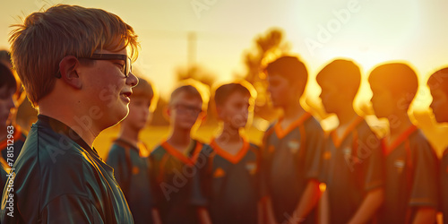 Sportsmanship: Boy with Down Syndrome Coaching a Youth Soccer Team. Learning Disability. photo